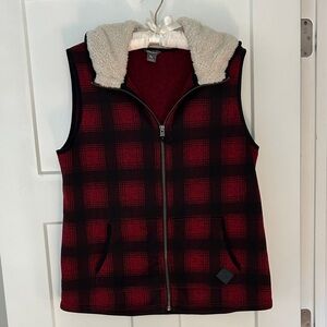 Eddie Bauer Red and Black Checkered Vest with Sherpa Hood